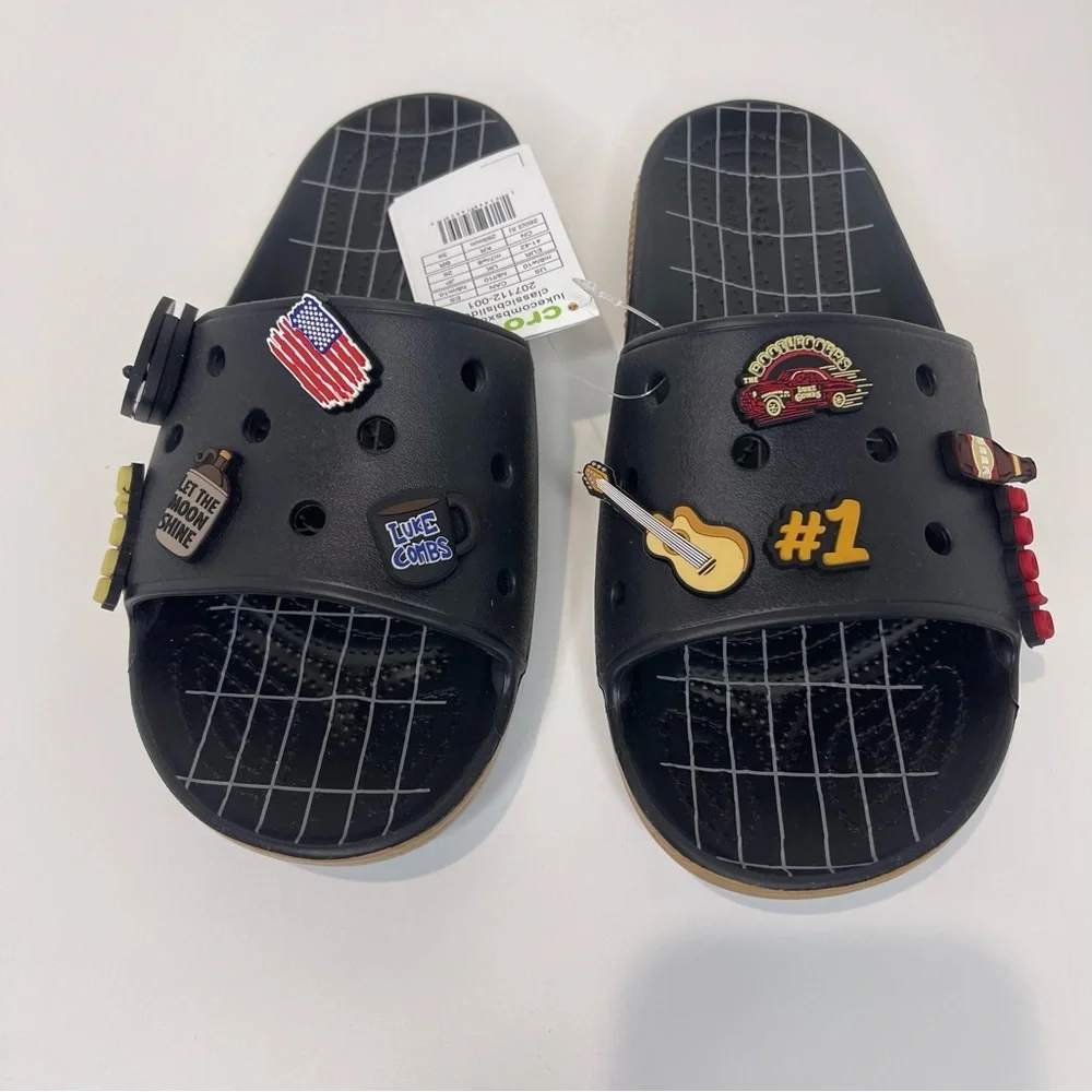 Luke Combs X Crocs Mens 8 Womens 10 Unisex Guitar Music Flag Beer Slides Sandals